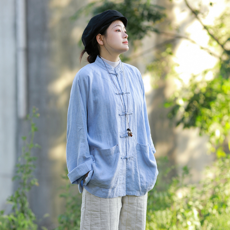 Original Cloth-Style Chinese Top for Women by Gu Shi Hou, Early Autumn, National Style, Improved Large Size Tang Suit, Linen Blue Shirt Jacket
