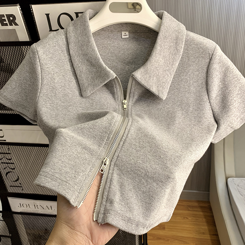 Gray Polo Collar Short Crop Top for Women, Summer New Design, Niche Style, Double Zipper Short-Sleeve Top
