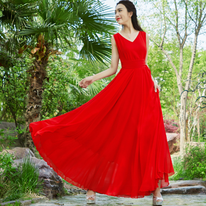 Retro Big Red Elegant V-Neck Sleeveless Chiffon Dress with Large Hem for Women, Beach Vacation Beach Dress, Long Skirt, Pure Color