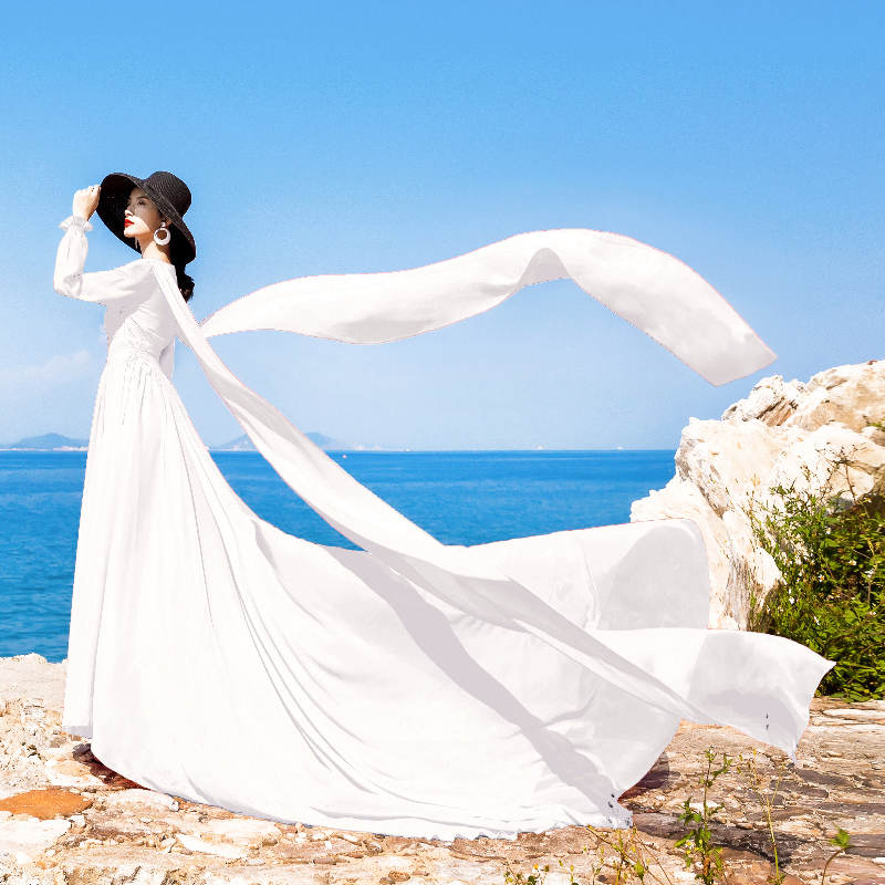 Chic Internet-Famous Travel Photography Style, Vintage White Chiffon Tie-Up Dress, Bohemian Fairy-Like Slimming Long Dress for Slightly Plump Figures