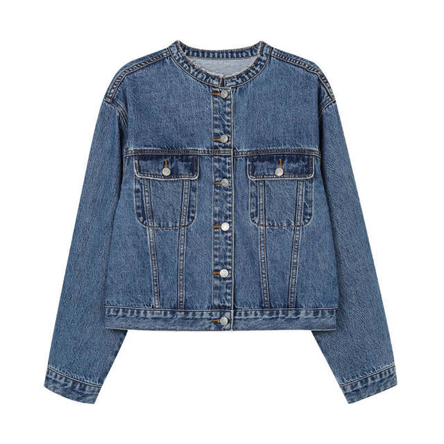 Round neck raw edge street retro washed blue denim jacket for women 2023 spring new jacket top