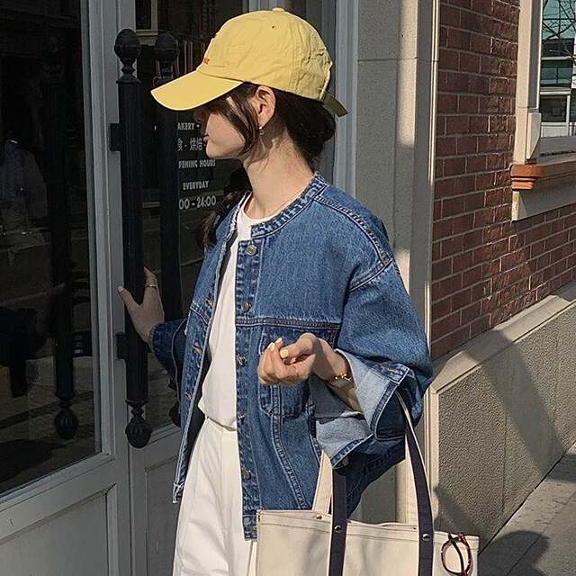 Round neck raw edge street retro washed blue denim jacket for women 2023 spring new jacket top