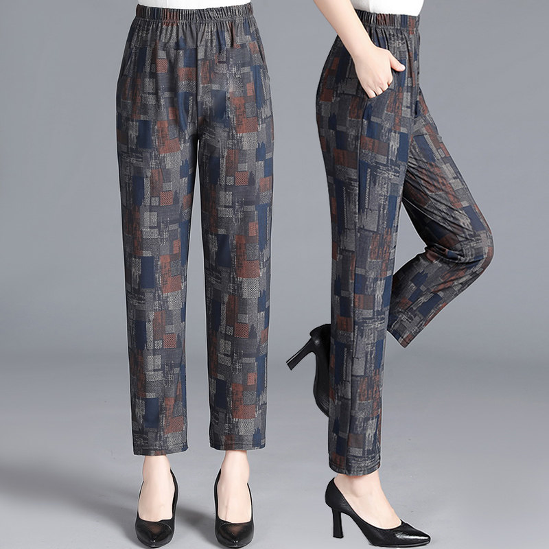 Middle-aged mother pants summer women's trousers high waist straight elastic outer wear middle-aged and elderly ice silk casual women's pants