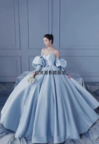 Стиль принцессы, синие пузыри, рукав атласный хвост тема свадебного фильма, одежда пара фотореатива
