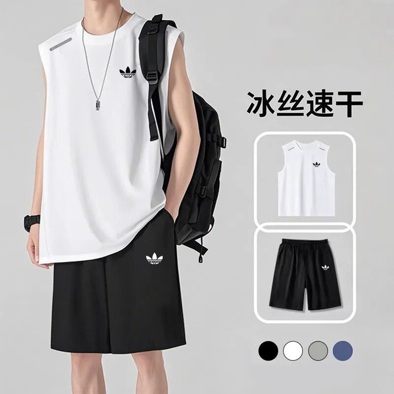 Outlet Discount Ice Silk Sports Vest Set for Men 2026 Youth Sleeveless Tank Top T-Shirt Shorts Basketball Outfit Set