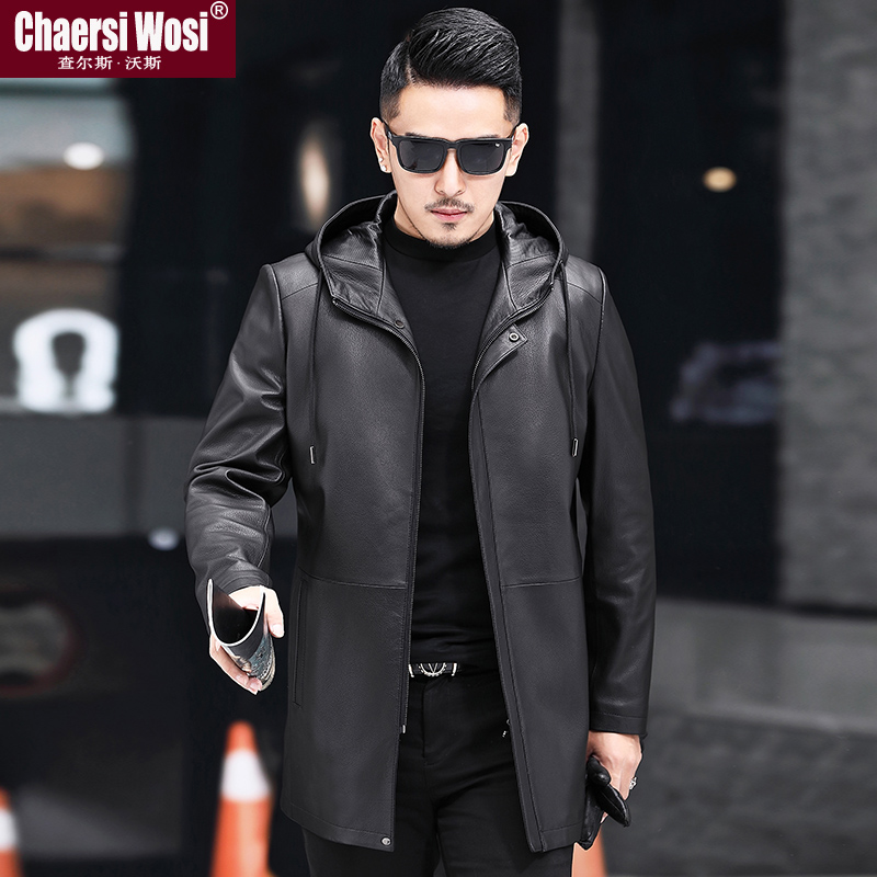 2021 Autumn Winter New Dermis Leather Clothing Men Sheep Leather Middle Long Version With Cap Windsuit Men's Jacket Middle-aged Coats