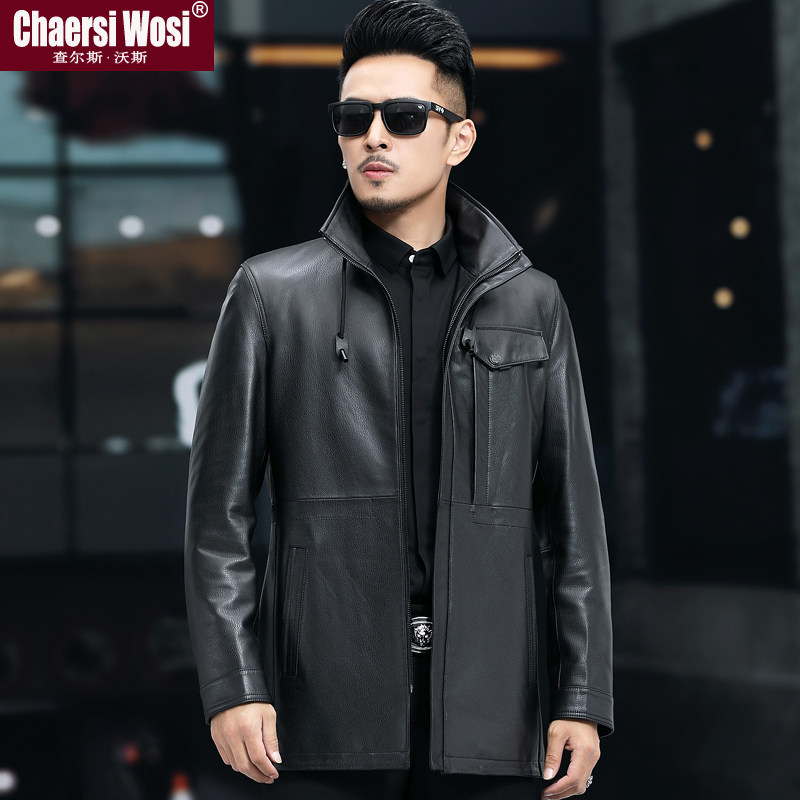 Henning Genuine Leather Leather Clothing Men Deer Leather Striped Sheep Leather Windsuit Medium Long Version Neckline Leather Jacket Big Coat Casual Jacket