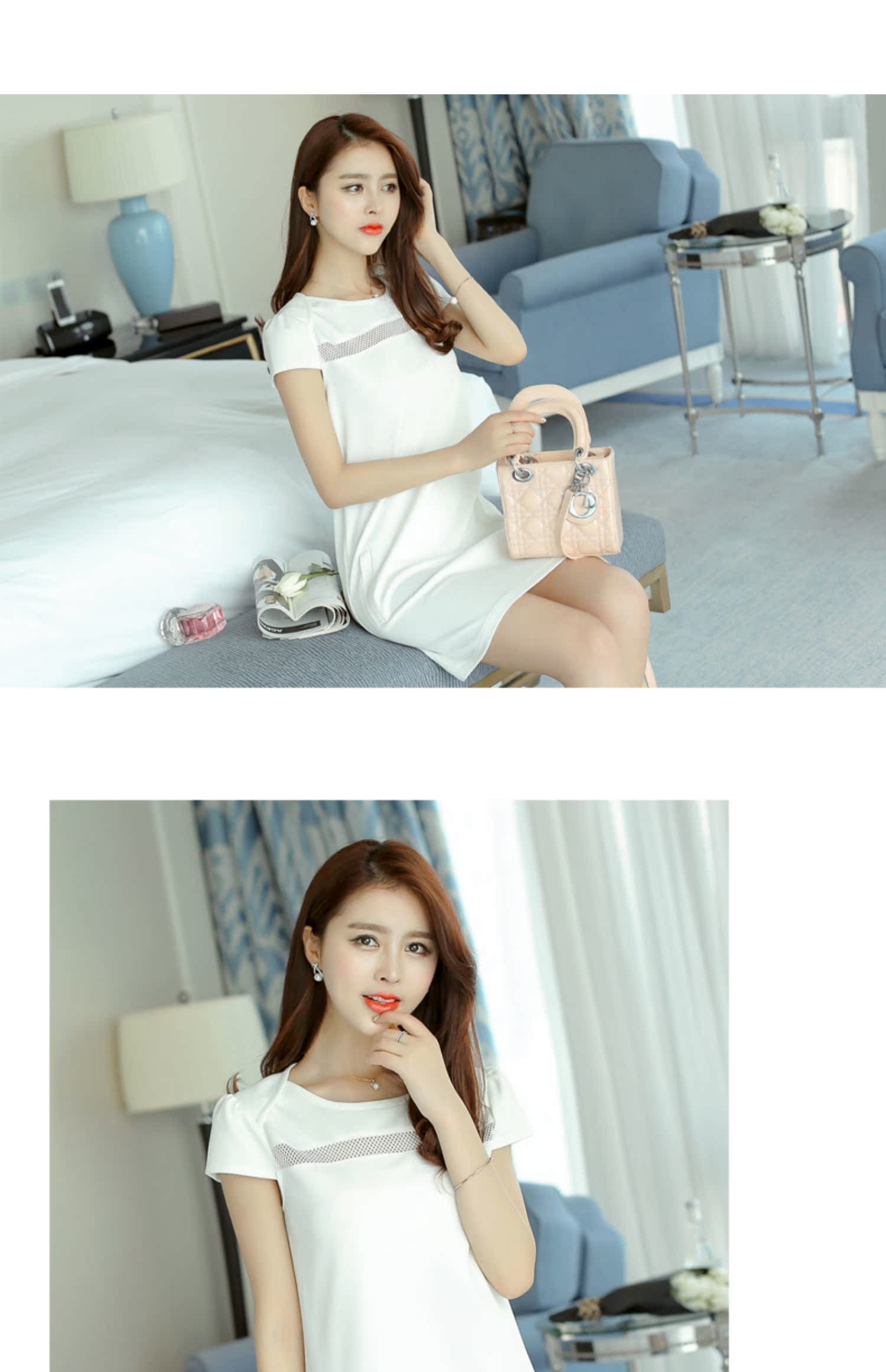 黛 2019 xuân hè mới cho phụ nữ size lớn gợi cảm khâu tay ngắn thời trang chạm đáy váy đan phiên bản Hàn Quốc - Váy eo cao 	váy nhún phần eo	
