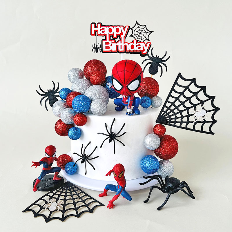 Q-Version Spider-Man Birthday Cake Decoration Spider Web Skyscraper Topper Black Spider Glitter Ball Baking Q-Version Spider-Man Birthday Cake Decoration Spider Web Skyscraper Topper Black Spider Glitter Ball Baking