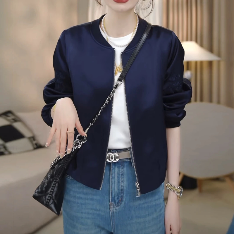 Casual Embroidered Satin Baseball Jacket for Women 2026 New Spring Regular Shoulder Slimming Short Jacket Loose Fit