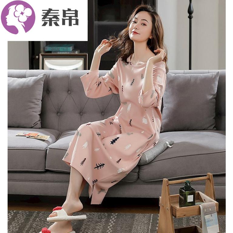 Pajama womens mùa xuân mùa xuân Hàn Quốc phiên bản của chiếc váy siêu dài quá dài đến đầu gối váy kích thước lớn lỏng tay phụ nữ mang thai đồ ngủ nhìn tốt.