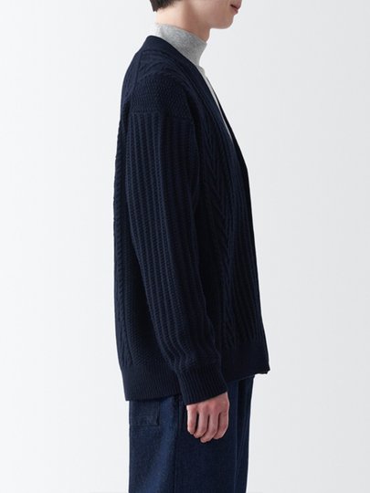 MUJI Men's Merino Wool Cable Pattern V-neck Cardigan Wool Knit Sweater