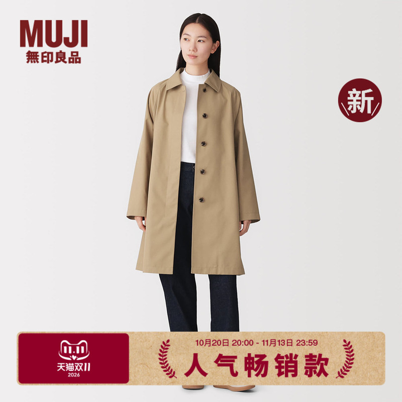 Muji Women's Water-Resistant Cotton Blend Twill Stand Collar Coat Windbreaker Women's Outerwear Autumn Winter