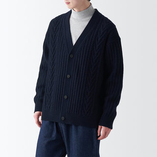 Muji Men's Merino Wool Cable Knit V-Neck Cardigan Sweater