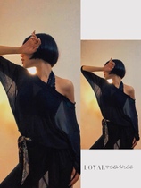 LOYAL long-sleeved blouse Latin dance new versatile mesh hidden buckle waist black top womens oblique shoulder dress