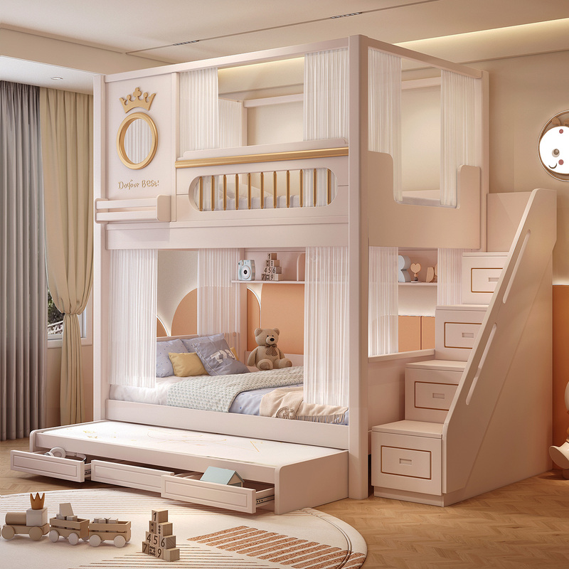 Children's Bunk Bed, Double-Decker Bed, Adult Two-Story Bed, Sibling-Friendly, Non-Disturbing Bunk Bed Combination with Ladder and Cabinet