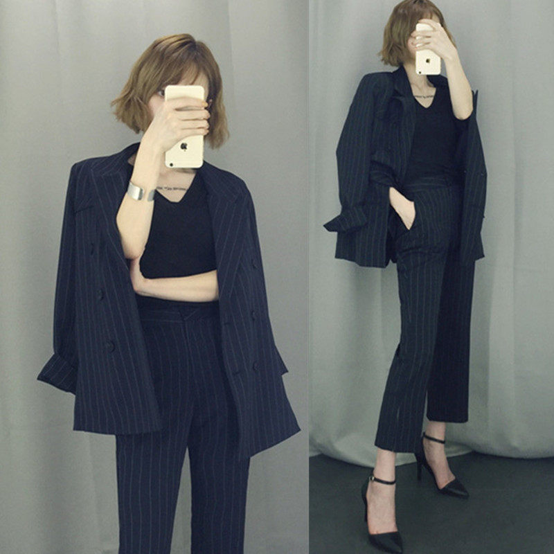 Striped suit suit female Korean style temperament casual 2021 summer thin section formal wear professional wear nine-point pants two-piece suit