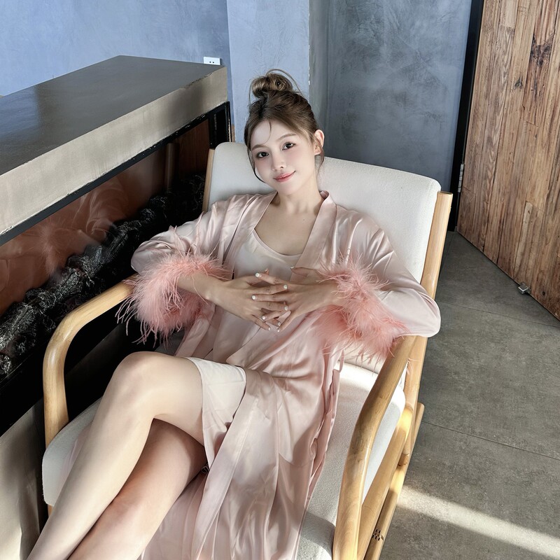 Silk Sexy Nightgown Suspender Nightdress for Women Spring and Summer Ostrich Feather Pajamas Gift Box for Best Friend or Girlfriend Birthday Gift