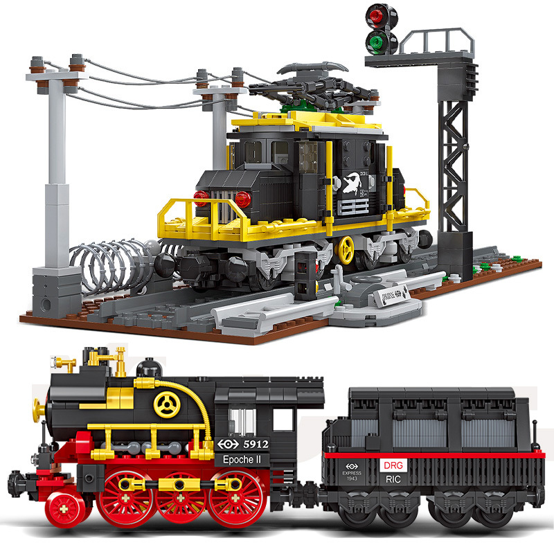 Chinese Building Blocks Old-Fashioned Pacific Big Boy Train Crocodile Steam Locomotive Freight Train Assembly Model