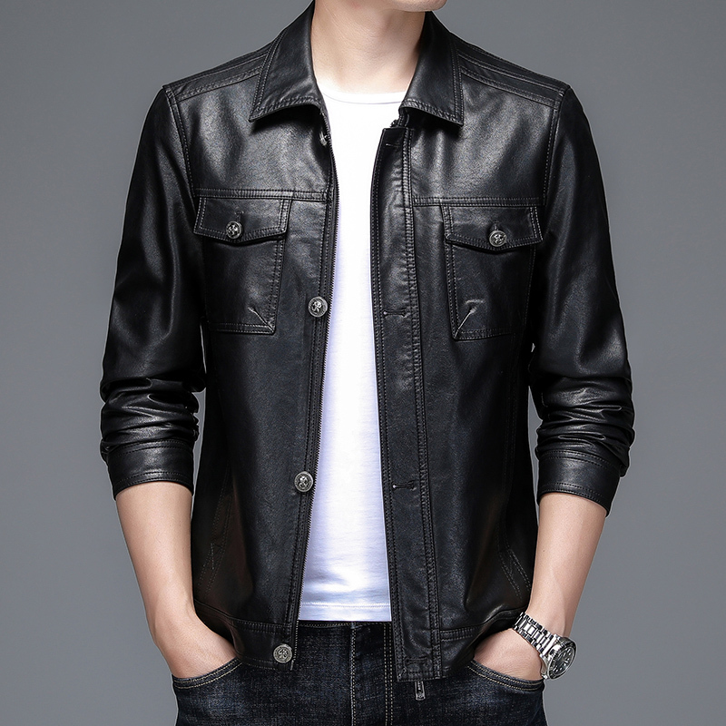 Haining Leather Jacket for Men 2026 New Casual Motorcycle Style Middle-Aged Men's Leather Jacket with Fleece Lining and Thickened Coat for Spring, Autumn and Winter