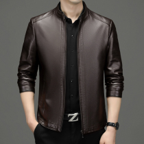 Middle-aged mens leather jackets with lapels first-layer cowhide jackets middle-aged and elderly dads clothing Haining leather jackets with velvet for autumn and winter
