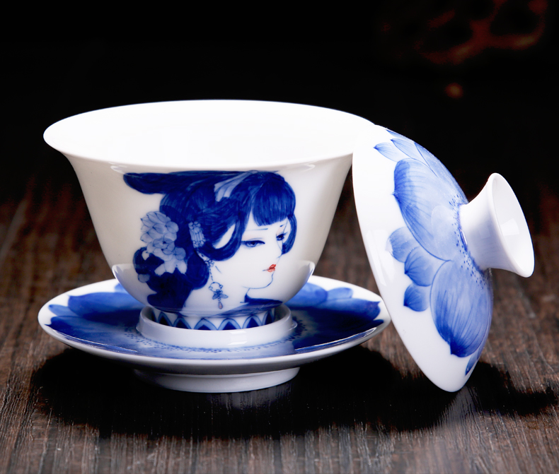 Bo wind jingdezhen blue and white ceramic cups three tureen only pure manual hand - drawn characters puer tea tea cup