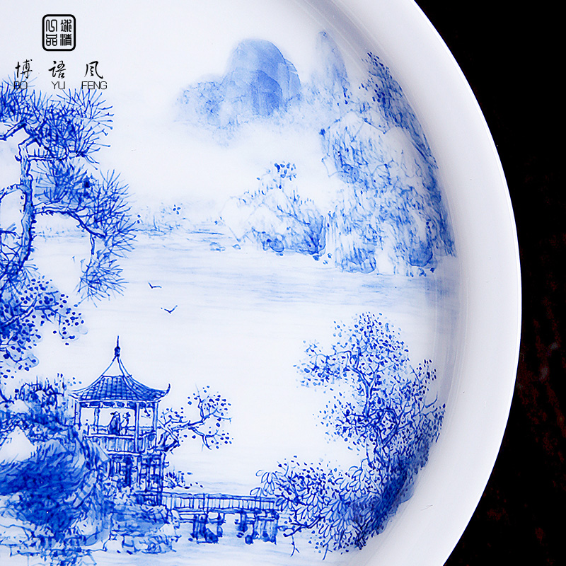His affection new one product Wang Chenfeng jingdezhen blue and white landscape ceramic plate hand - made heavy fruit tray tables porch decoration