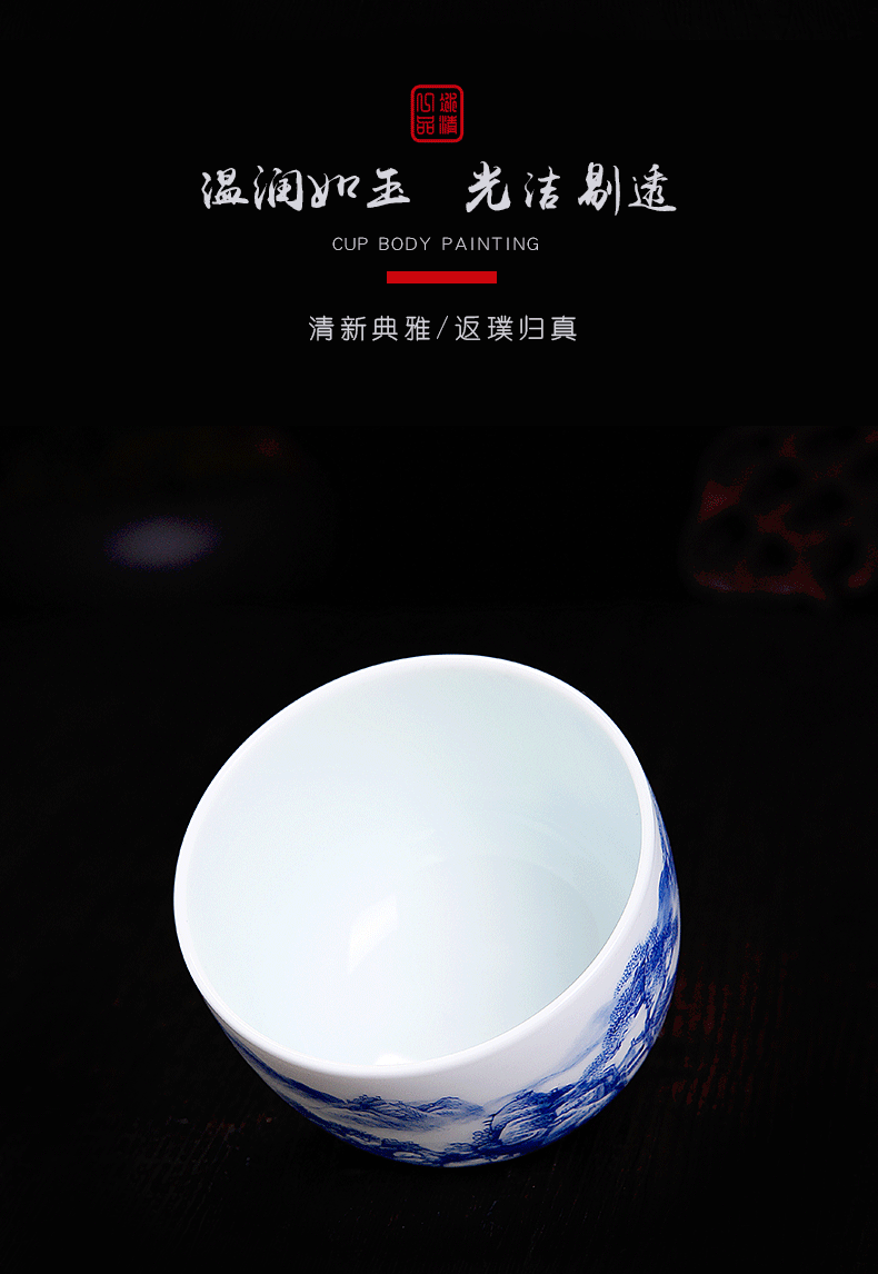 His affection new one Wang Chenfeng teacups hand - made ceramic pressure hand cupped jingdezhen blue and white landscape master cup sample tea cup