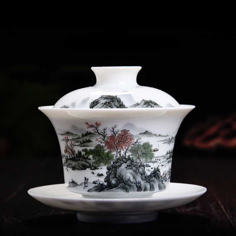 Bo wind ceramic hand - made tureen three single kung fu tea bowl to jingdezhen tea cups wucai