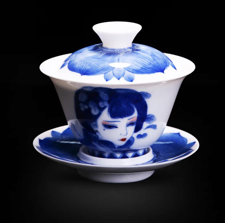 Bo wind jingdezhen blue and white ceramic cups three tureen only pure manual hand - drawn characters puer tea tea cup