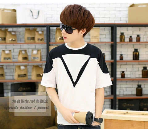 Mùa hè nam mới cá tính xu hướng khâu tay áo thun nam cổ tròn tay áo năm điểm tay áo thun nam tay lửng áo cộc tay