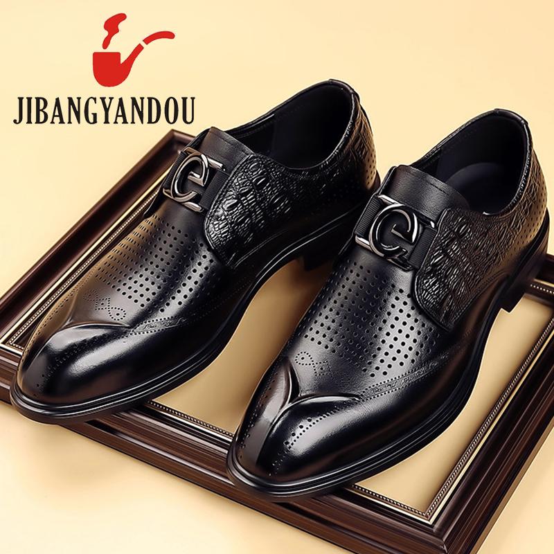 Jibang Leather Shoes, First Layer Genuine Leather, Business Formal Wear, Summer Breathable Soft-Soled Men's British Casual Hollow Sandals