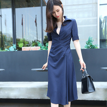 2021 summer skirt light wind haze blue OL pleated short sleeve dress covering belly waist slim temperament women's dress