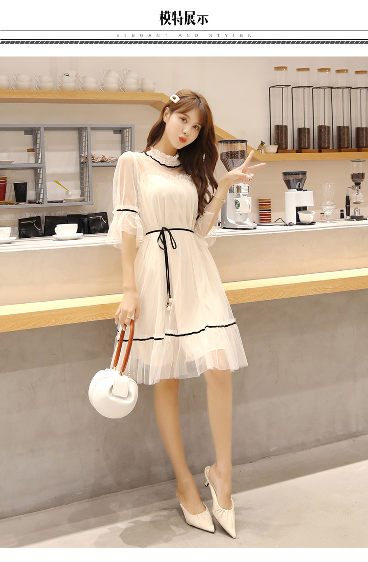 VK旗艦店 韓國風名媛蕾絲網紗優雅線條喇叭短袖洋裝