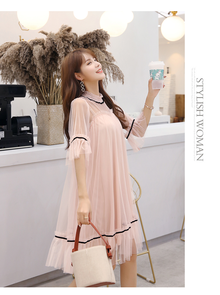 VK旗艦店 韓國風名媛蕾絲網紗優雅線條喇叭短袖洋裝