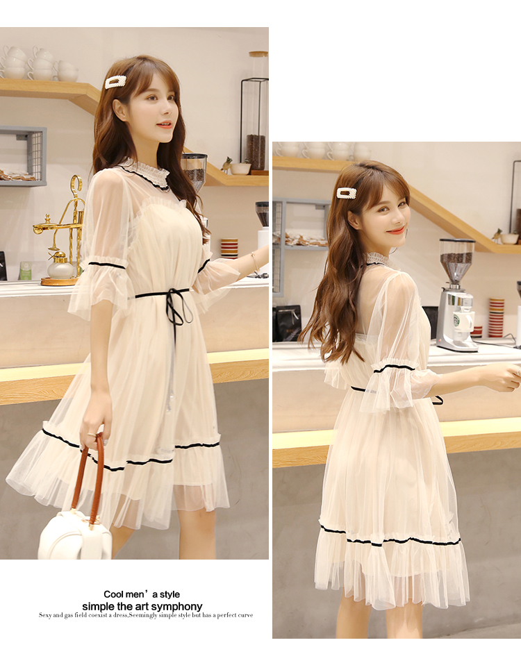 VK旗艦店 韓國風名媛蕾絲網紗優雅線條喇叭短袖洋裝