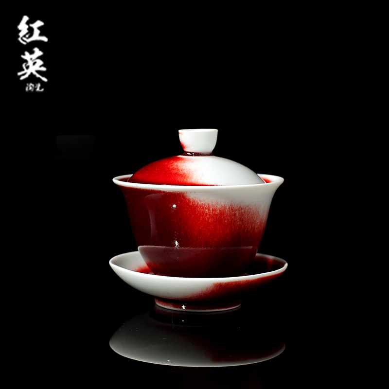 Jingdezhen ceramic up red ice crack glaze on only three tureen kung fu tea cups domestic tea bowl of tea