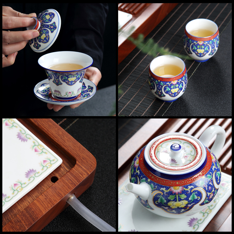 Colored enamel of a complete set of ceramic tea set jingdezhen Chinese style household kung fu tea, contracted tea tray package