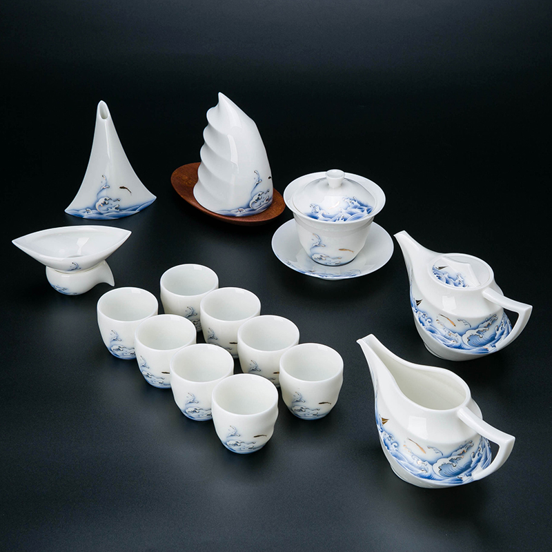 Jingdezhen suet jade white porcelain tea set household light key-2 luxury gift boxes kung fu tea cup lid bowl suit