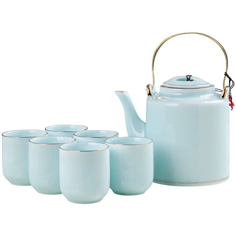 Jingdezhen ceramic tea set suit household contracted sitting room teapot large shadow celadon girder pot of tea set