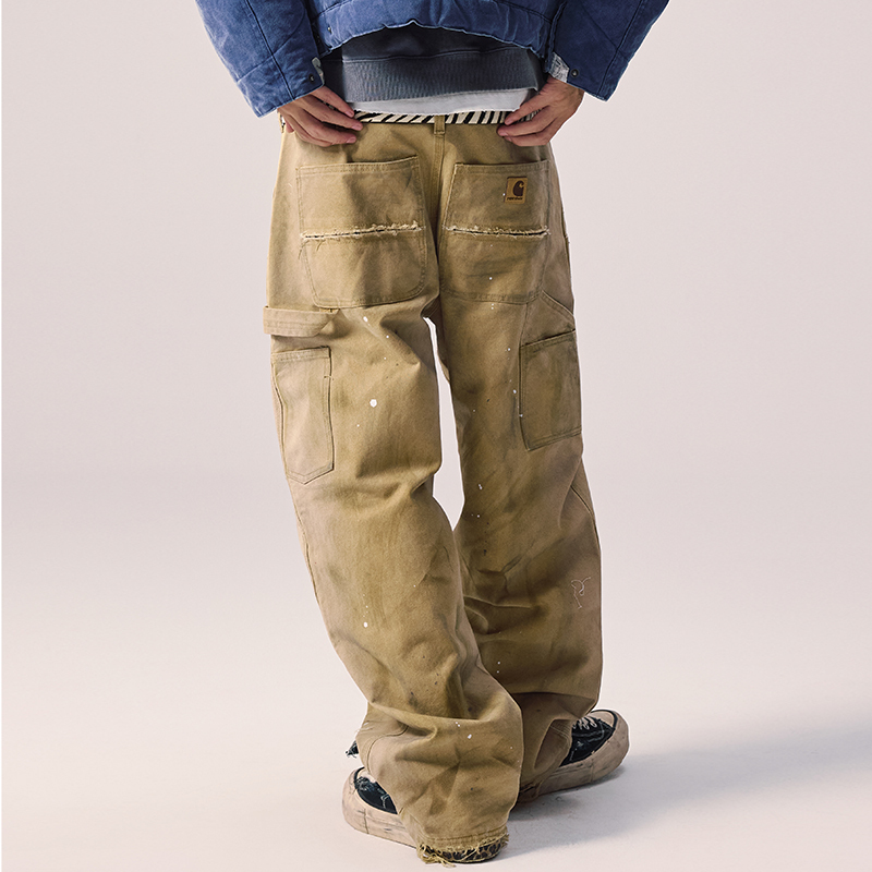Remedy Splatter Ink Washed American Retro Distressed Work Pants Loose Straight Wide-Leg Casual Trousers for Men and Women