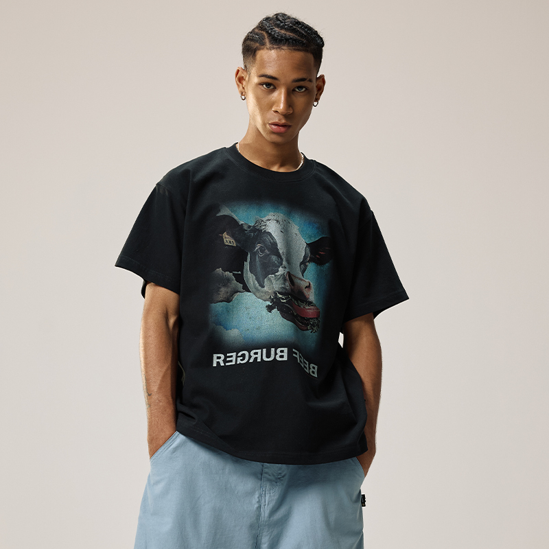 Remedy National Trend Summer Cow Burger Print T-Shirt American Style Trendy Brand Loose Short Sleeve T-Shirt for Men and Women