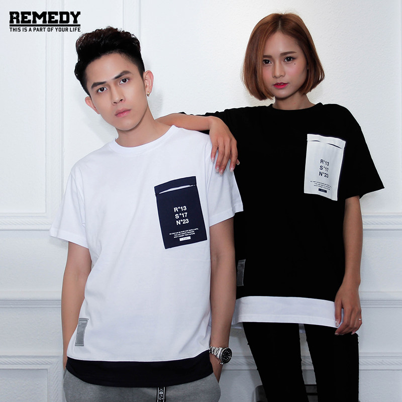 REMEDY 2016夏季简约系列 纯棉拼色口袋印花上下拼接纯棉短袖tee