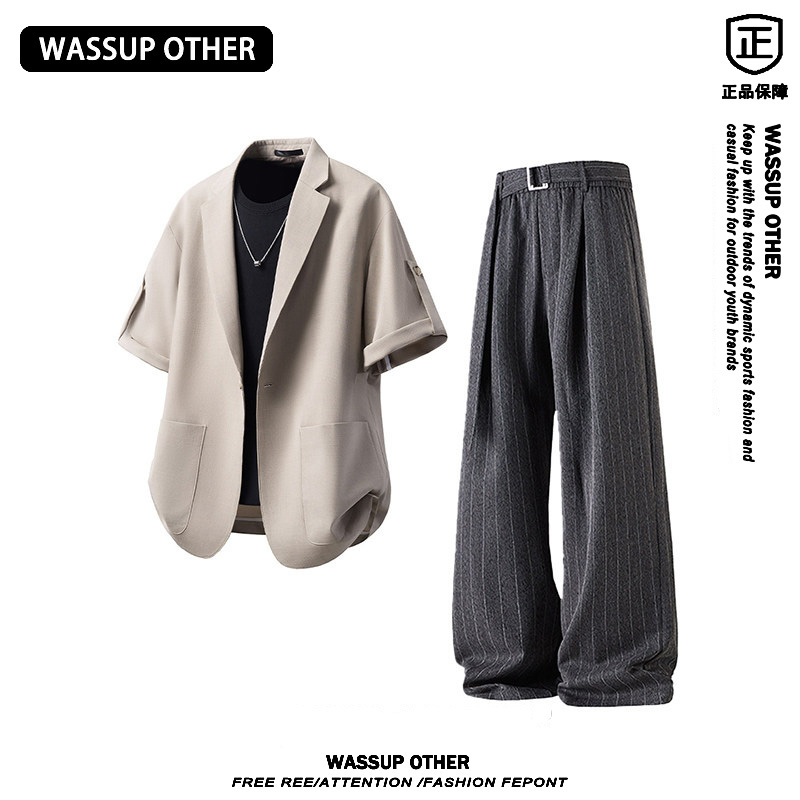 Wassup Other American Trendy Brand Fake Two-Piece Shirt and Pants Men's Summer New Casual Sports Suit for Men
