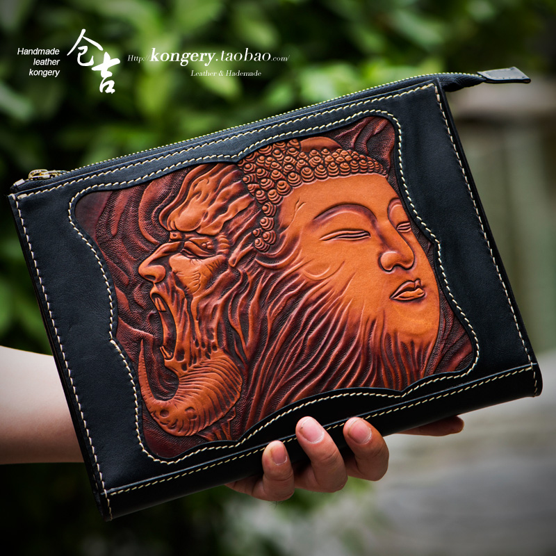 Buddha's One Nien Between the Leather Carved Envelope Bunkakura handmade male and female Chinese Wind Retro Genuine Leather Handbag purse