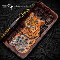 Cangji handmade wallet leopard mens long zipper clutch bag leather carved mens and womens financial fabric vertical clutch bag