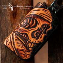 Cangji handmade mens key bag leather carving short buckle small wallet female cowhide card bag retro coin wallet