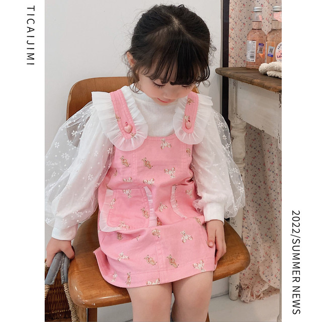 Girls 2023 spring new children's western-style suspender skirt two-piece suit little girl white puff sleeve bottoming shirt