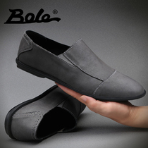 Mens shoes autumn frosted cowhide mens casual leather shoes mens leather Korean version of a pedal soft bottom lazy Bean shoes men