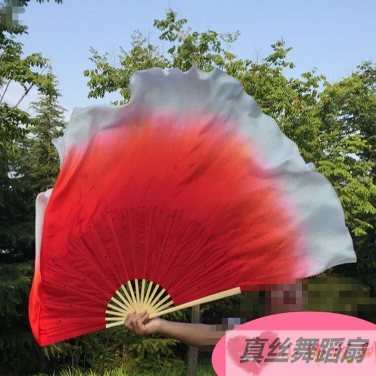 Real Silk Dance Fan Dancing Seedlings Song Fan Bifacial Asymptotic Color Pouring Color Red Glue State Rice Seedling Song Fan